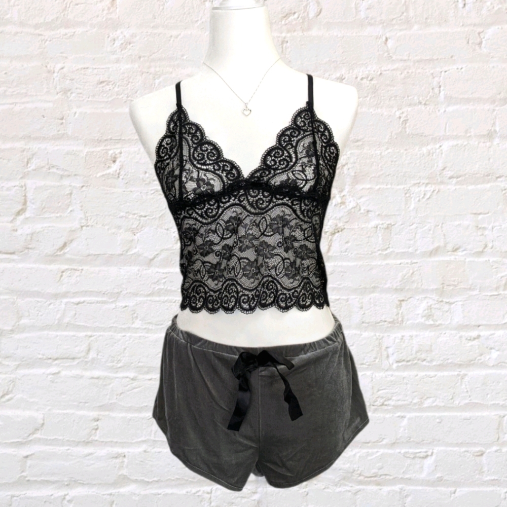 Cami short set - floral black lace velvet lingerie